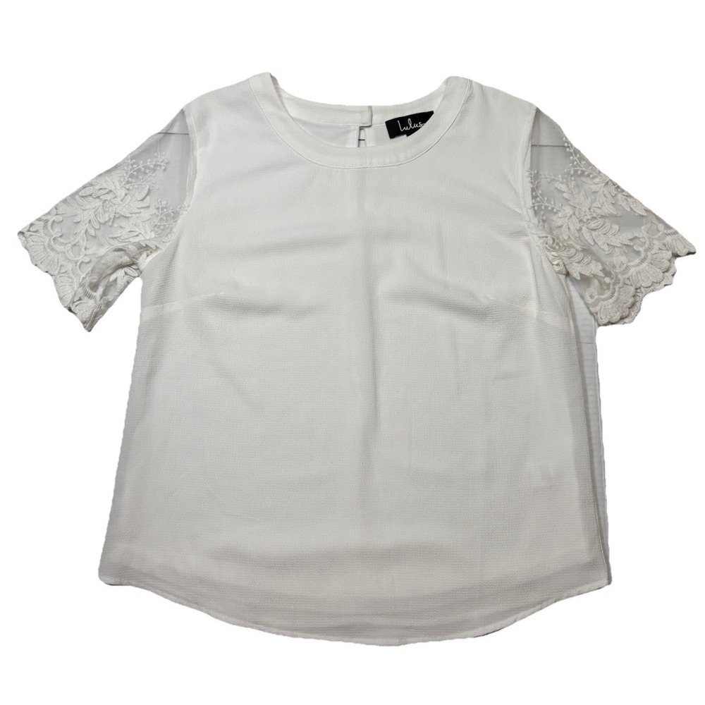 Lulus White Lace‎ Sleeve Blouse Medium Sheer Floral Mesh Top Scalloped Hem